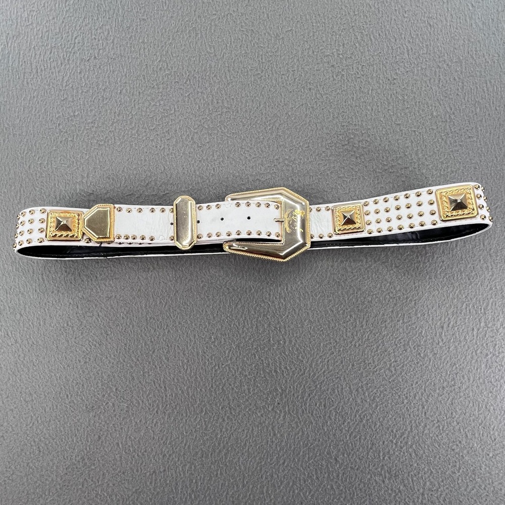 VTG St.Maarten Dallas Women Belt White Leather‎ Gold Studded Western Rockabilly